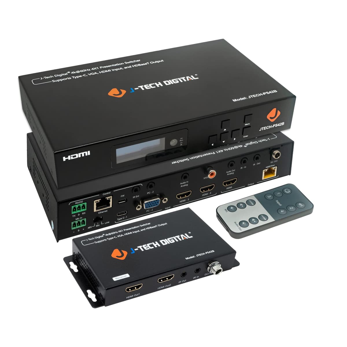 Conmutador de Presentación J-Tech Digital 4K Multientrada HDMI VGA USB-C con Extensor HDBaseT [JTECH-PS42B]