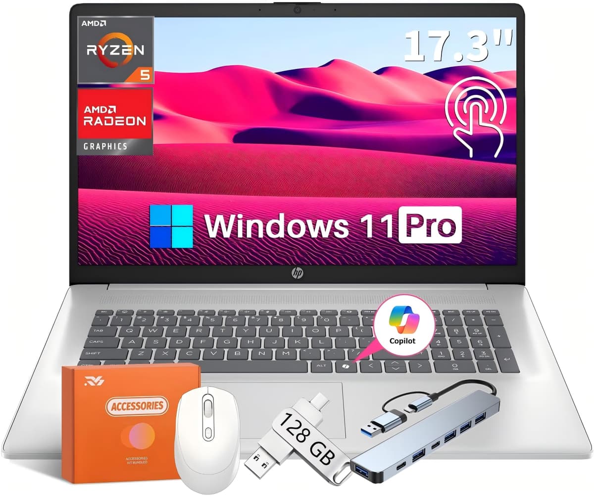 HP 17.3" Notebook con Pantalla Táctil, AMD Ryzen 5 7430U, 64GB RAM, 2TB SSD, HD+ 1600x900, Windows 11 Pro 17-cp3155cl