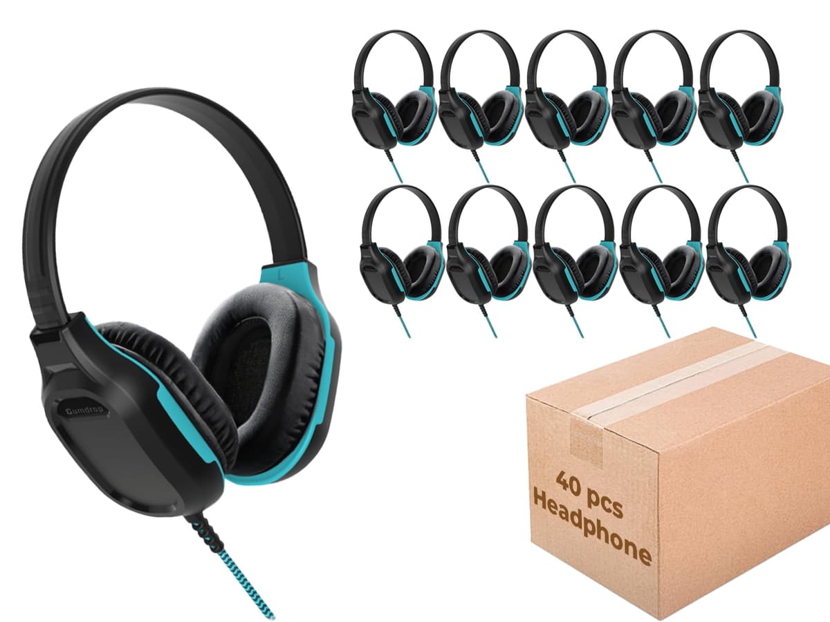 Auriculares supraaurales con cable Gumdrop DropTech (paquete de 40) con cable masticable de 3.5 mm - Robustos, confiables, probados contra caídas y cómodos para niños, estudiantes K-12, aula y uso escolar - Negro 01H024