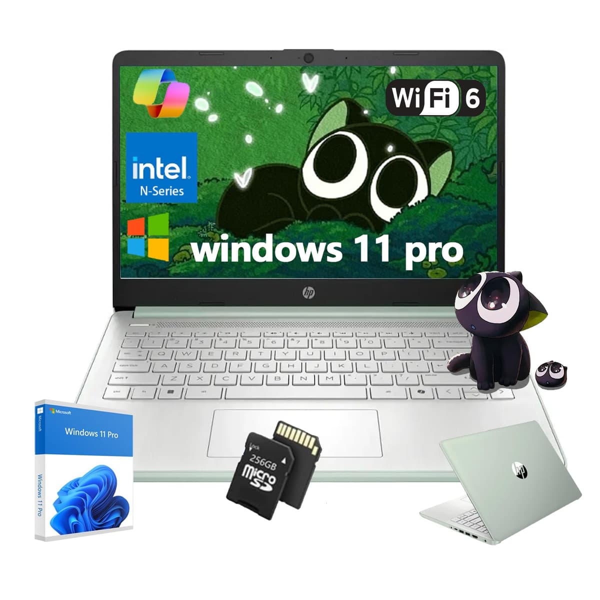 Laptop empresarial estudiantil HP - Procesador Intel N150, pantalla HD de 14", liviana, Windows 11 Pro, webcam, 16 GB RAM, 384 GB de almacenamiento (128 GB UFS + 256 GB MSD), con accesorios, verde