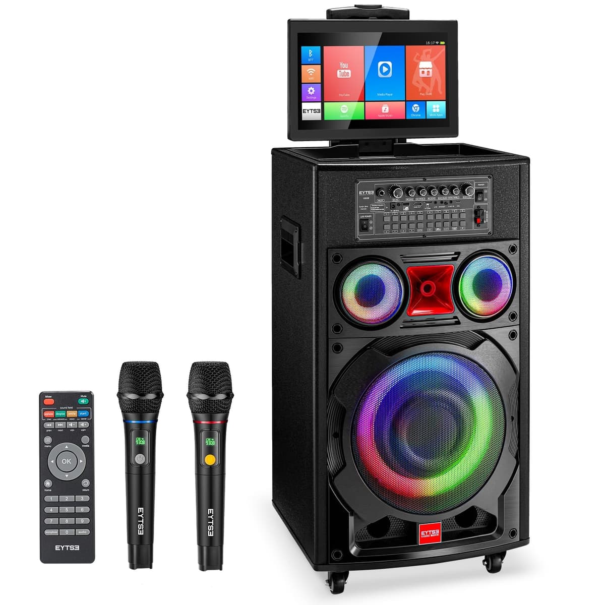 EYTSE Karaoke Portátil 14.1" con Pantalla de Letras, 800W Pico, 2 Micrófonos Inalámbricos, Batería y Luces DJ K23