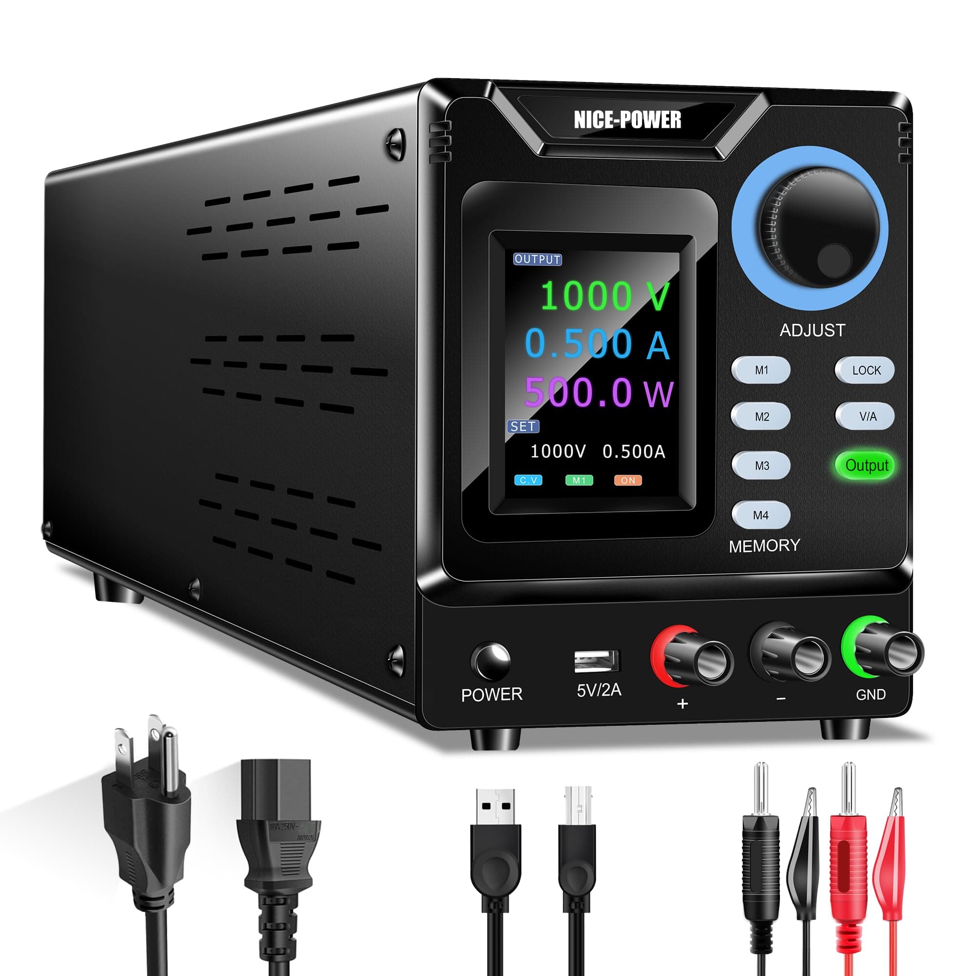 Fuente de poder DC NICE-POWER variable, 0-1000V 0-0.5A de alto voltaje programable y regulada para banco con memoria, perilla codificadora, interruptor de salida, botón de bloqueo y software para PC SPPS-D1000-5-232