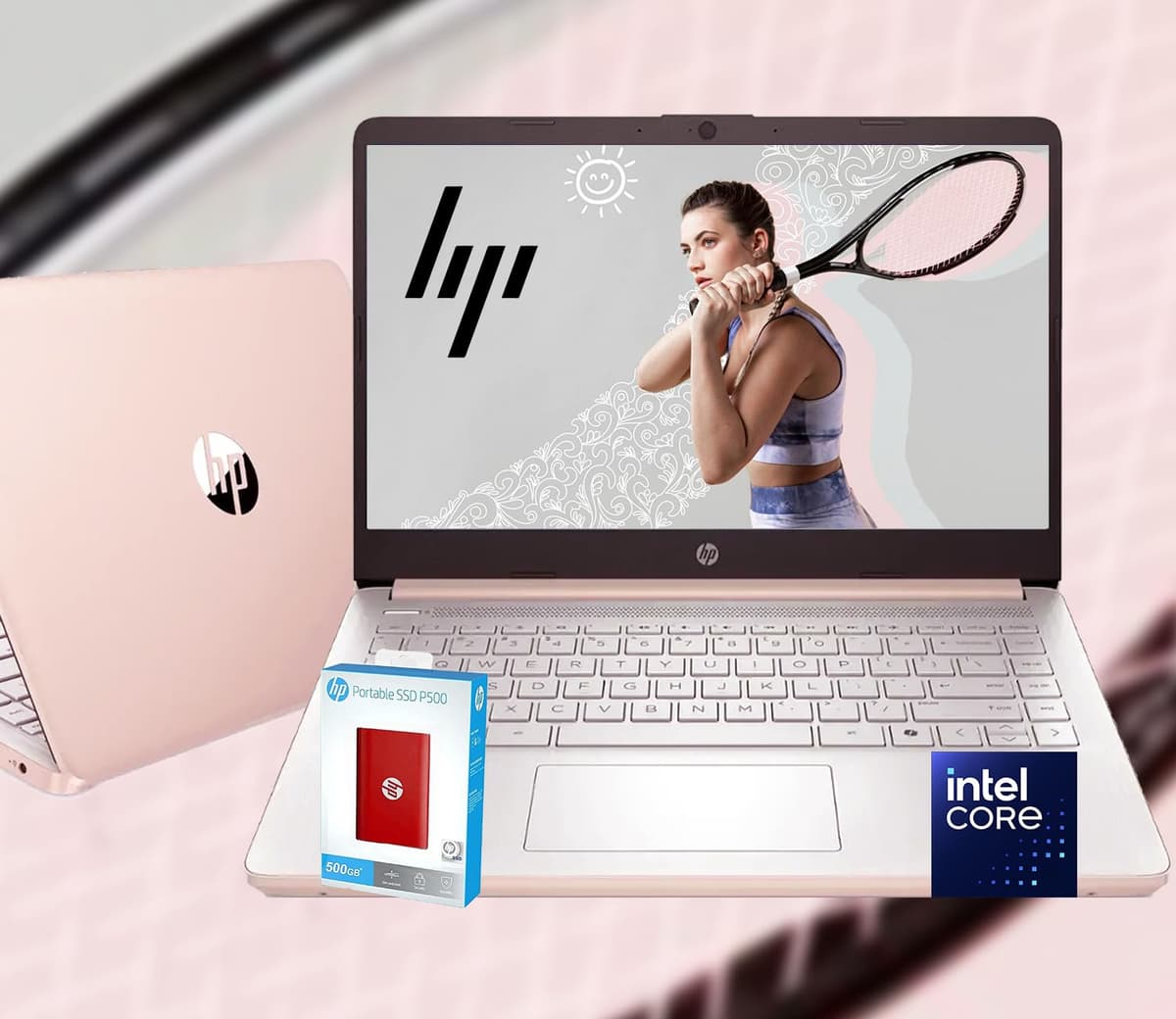 HP 14 Ultrabook • Intel N150 de 4 núcleos • Microsoft 365 • Copilot AI • 4 GB RAM • 1, 6 TB de almacenamiento (128 GB UFS con HP SSD portátil P500 de 512 GB + 1 TB en OneDrive) • Wi-Fi 6 • 12 h de batería • Rosa dorado • Windows 11