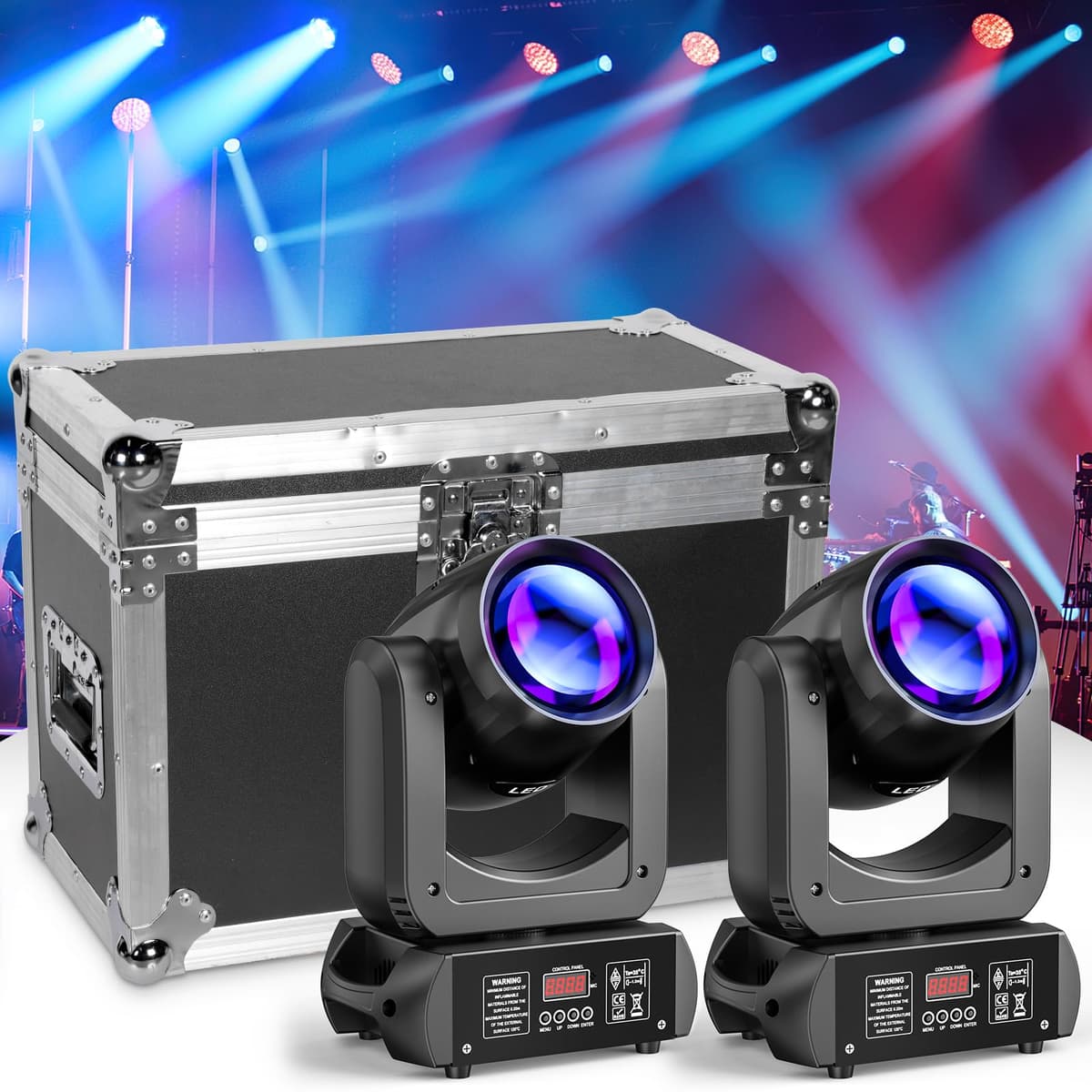 WZYBUTA 2 piezas Moving Head 150W con flight case, prisma 18 facetas, 8 gobos, 8 colores, DMX ZQ02341+ZQ15034