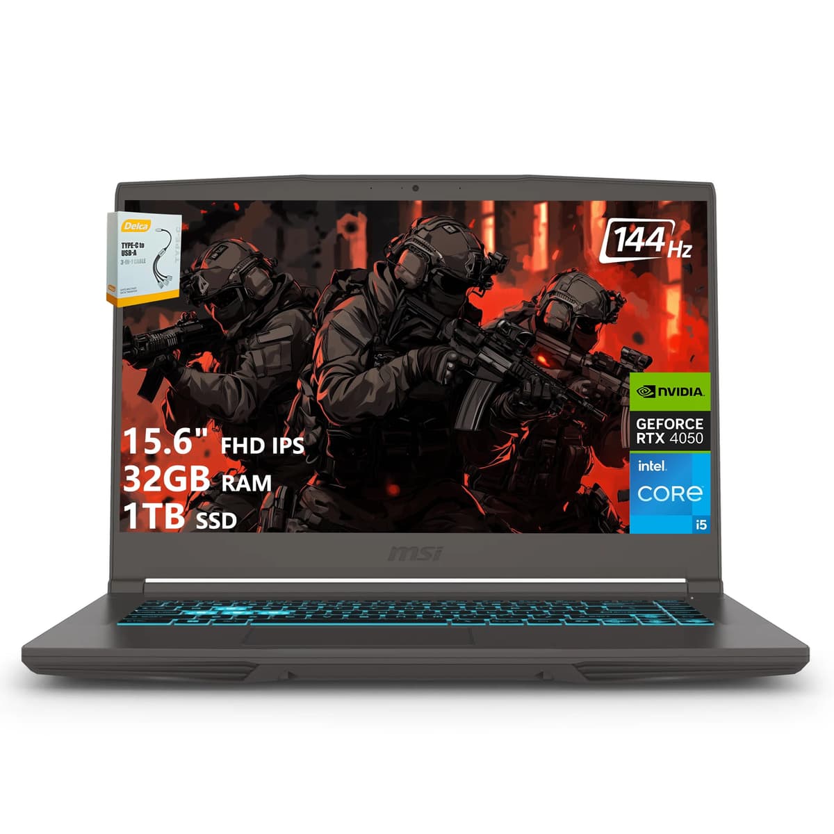 MSI Thin 15 Laptop para Gaming | 15.6" FHD IPS 144Hz | Intel 8 núcleos i5-13420H (> i7-12650H) | 32GB RAM 1TB SSD | GeForce RTX 4050 6GB | Teclado retroiluminado con Type-C Wi-Fi 6E Win11 con accesorio DLCA MSI THIN 15 i5 4050