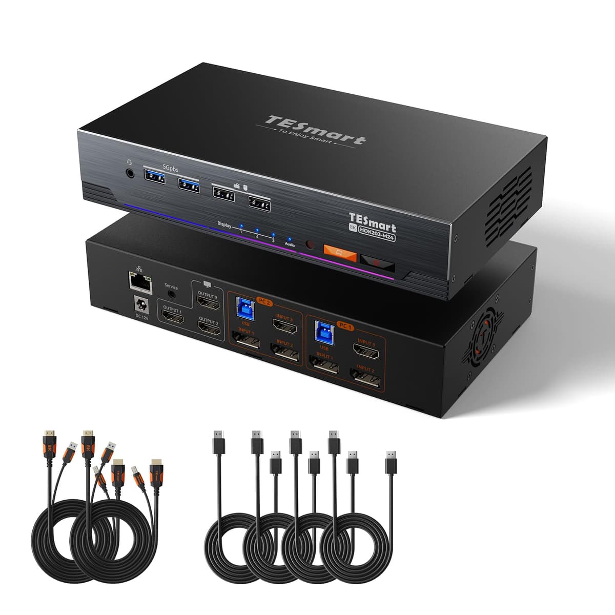 TESmart KVM 2 Puertos Triple Monitor - KVM HDMI+DP para 2 PCs y 3 monitores, 8K@60Hz, USB 3.0 y Ethernet HDK203-M24-USBK