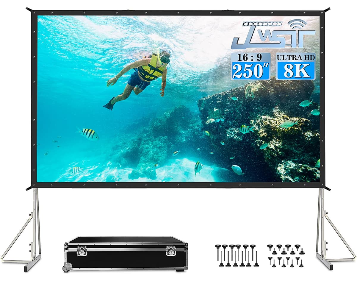 JWSIT Pantalla de proyector 250" con soporte, 16:9, 3 capas PVC, portátil con bolso de transporte Projector Screen