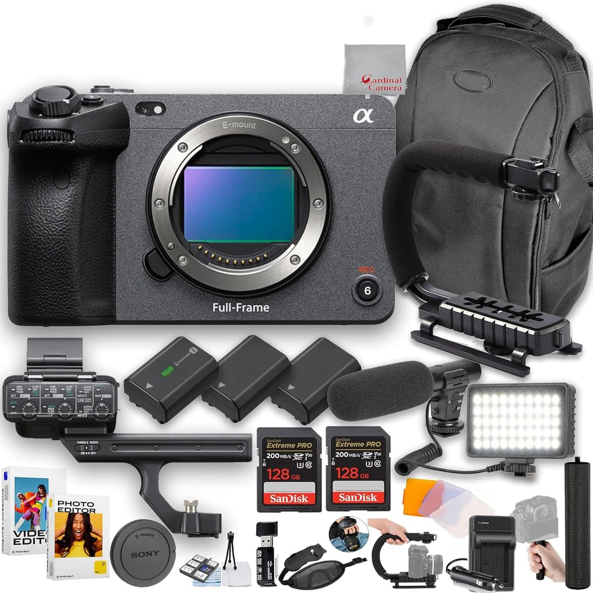 Sony FX3A Cámara Cinema Full-Frame (10.2MP efectivo en video) + 256GB, micrófono, luz LED, baterías, U-Grip, hand grip (Pro Bundle) FX3A-bodyb-0624