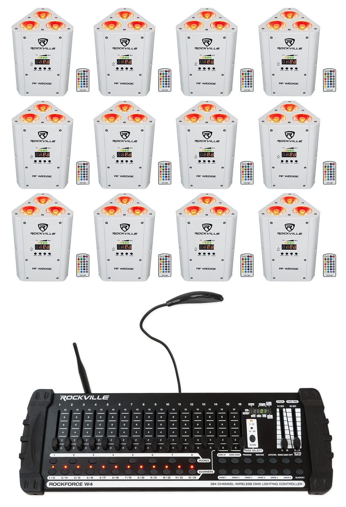 Rockville RF Wedge White Paquete 12 Up Lights RGBWA+UV con Controlador ROCKFORCE W4 384 Ch (12) RF WEDGE WHITE+ROCKFORCE W4