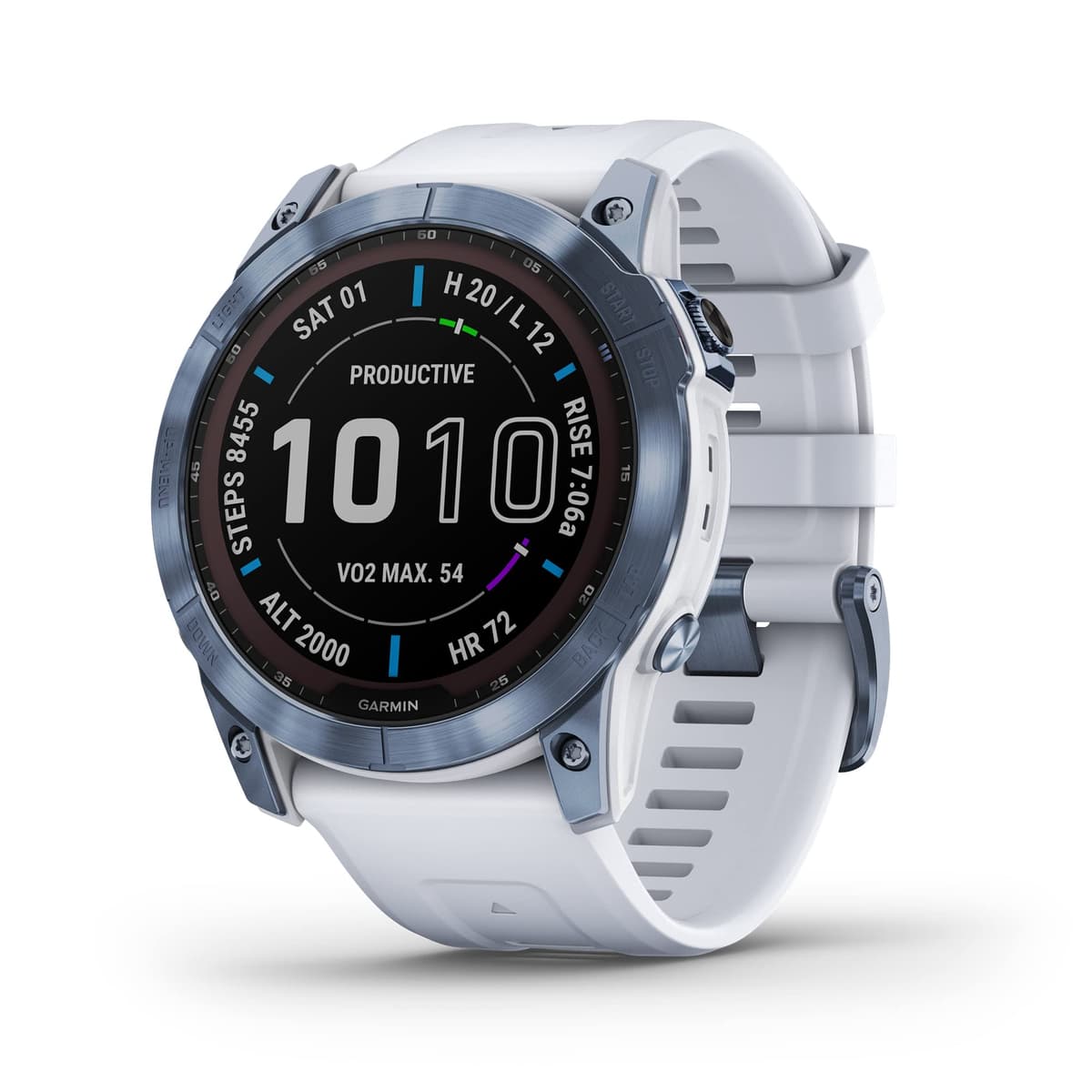 Garmin Fenix 7X Sapphire Solar (Reacondicionado), Reloj Inteligente de Aventura con Carga Solar, Reloj GPS Resistente para Exterior con Pantalla Táctil, Funciones de Bienestar, Titanio Azul Mineral con Correa Whitestone 010-02541-14-cr