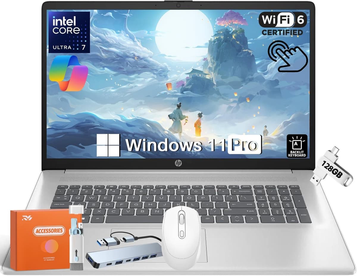 HP 2025 Laptop Empresarial 17.3", Intel Ultra 7 255U 12 núcleos (Mejor que Ultra 7 155H), 32 GB DDR5, 1 TB SSD, Pantalla táctil HD+ antirreflejo, Gráficos Intel, Copilot AI, Teclado retroiluminado, WiFi, Windows 11 Pro, con accesorios HP Laptop