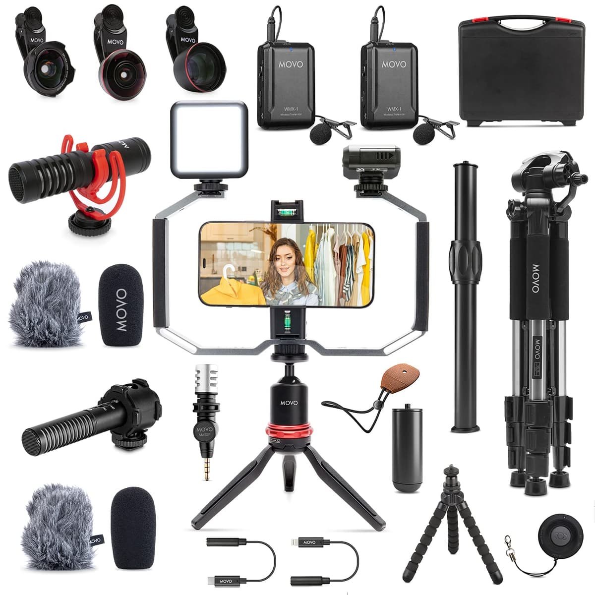 Movo iVlog5 Director's Vlogging Kit para iPhone - Kit de inicio para YouTube compatible con Lightning - Accesorios: trípode, soporte para teléfono, lente, micrófonos, luz - Kit de vlogging para iPhone para youtubers principiantes B09B4G1W9V-1