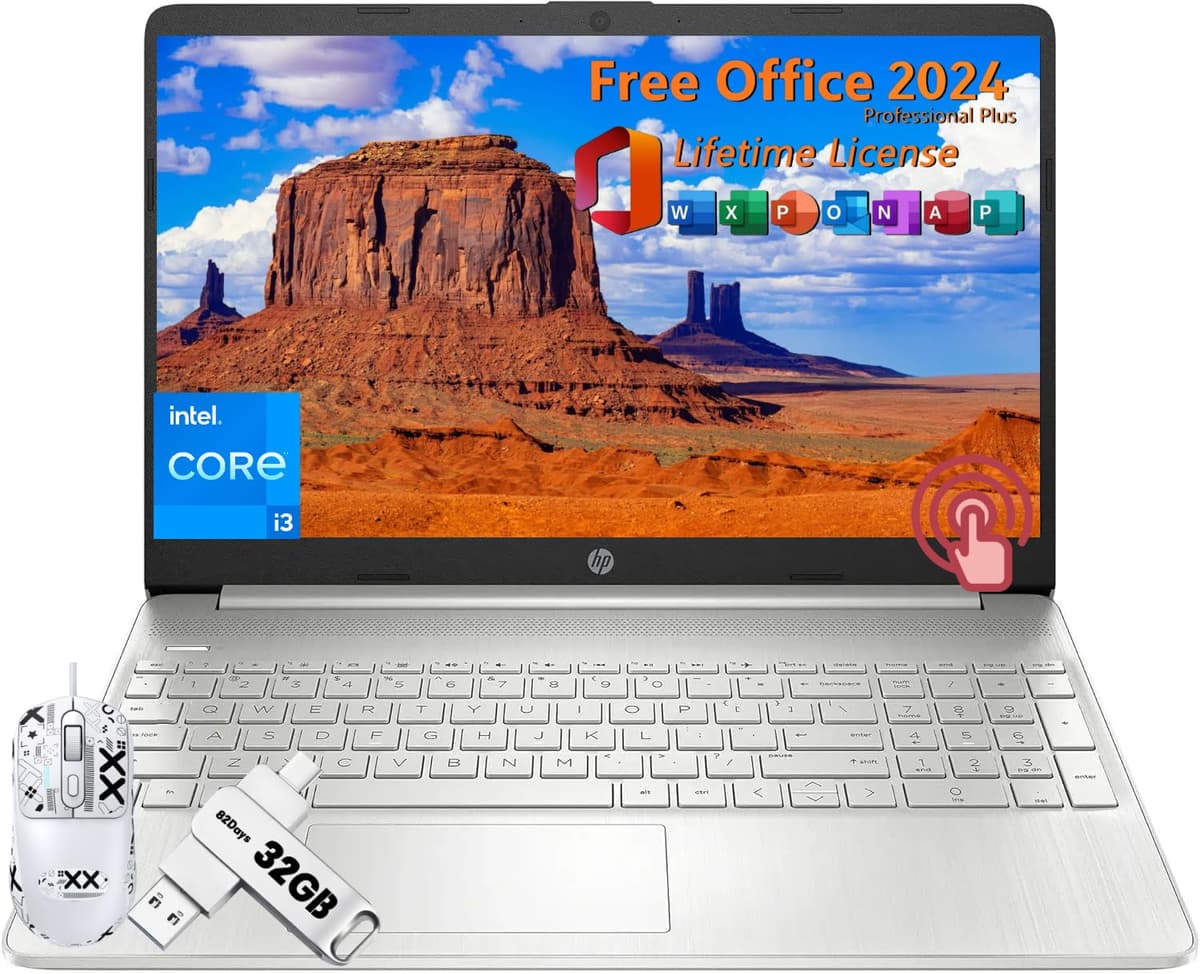 HP Notebook 15.6" con pantalla táctil para negocio y estudio - i3-1215U, 32GB RAM, 2TB SSD, Windows 11 Pro, Office Pro 2024 de por Vida HP Laptop