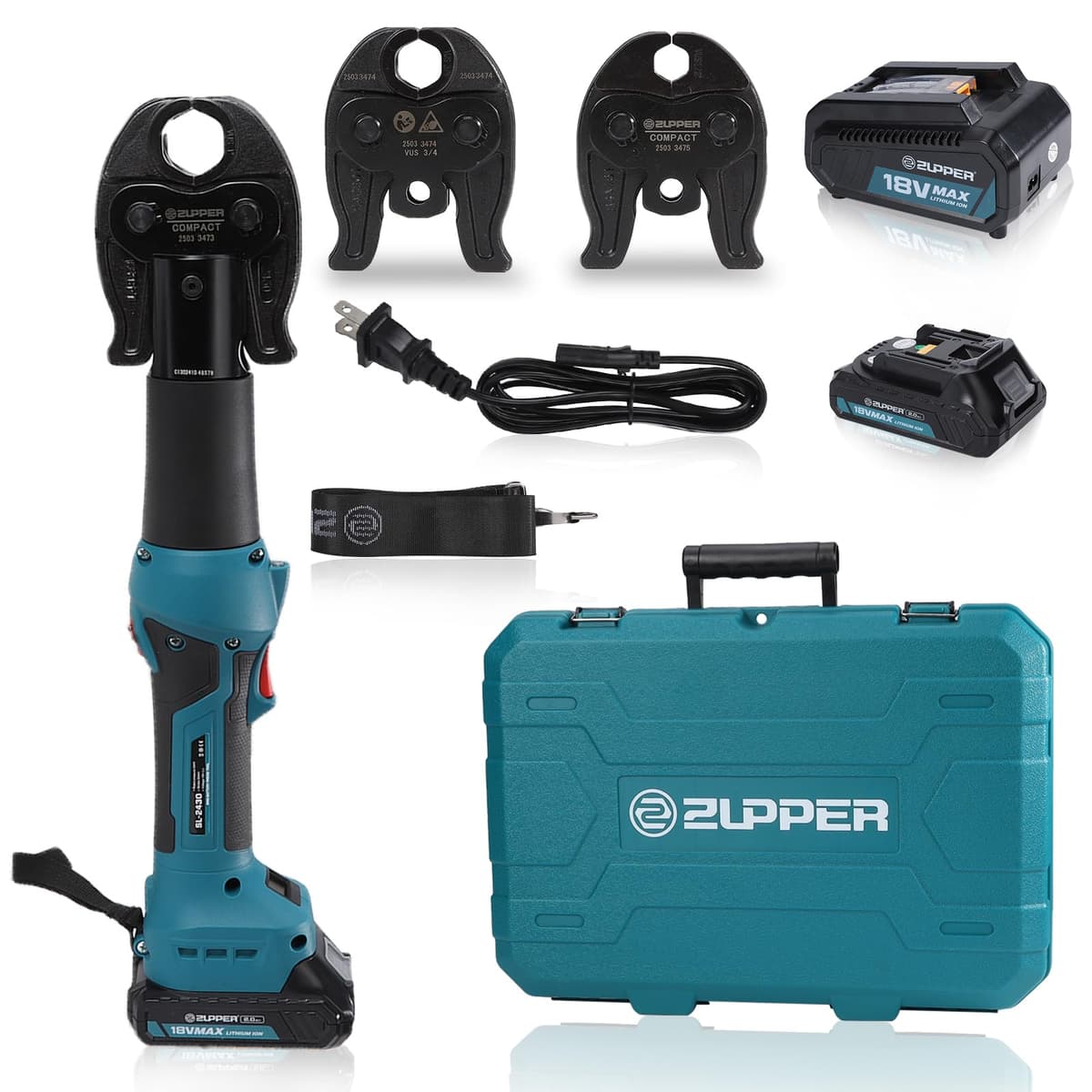 ZUPPER SL-2430 Prensa hidráulica para tubería de cobre con 3 mordazas profesionales y baterías 18V