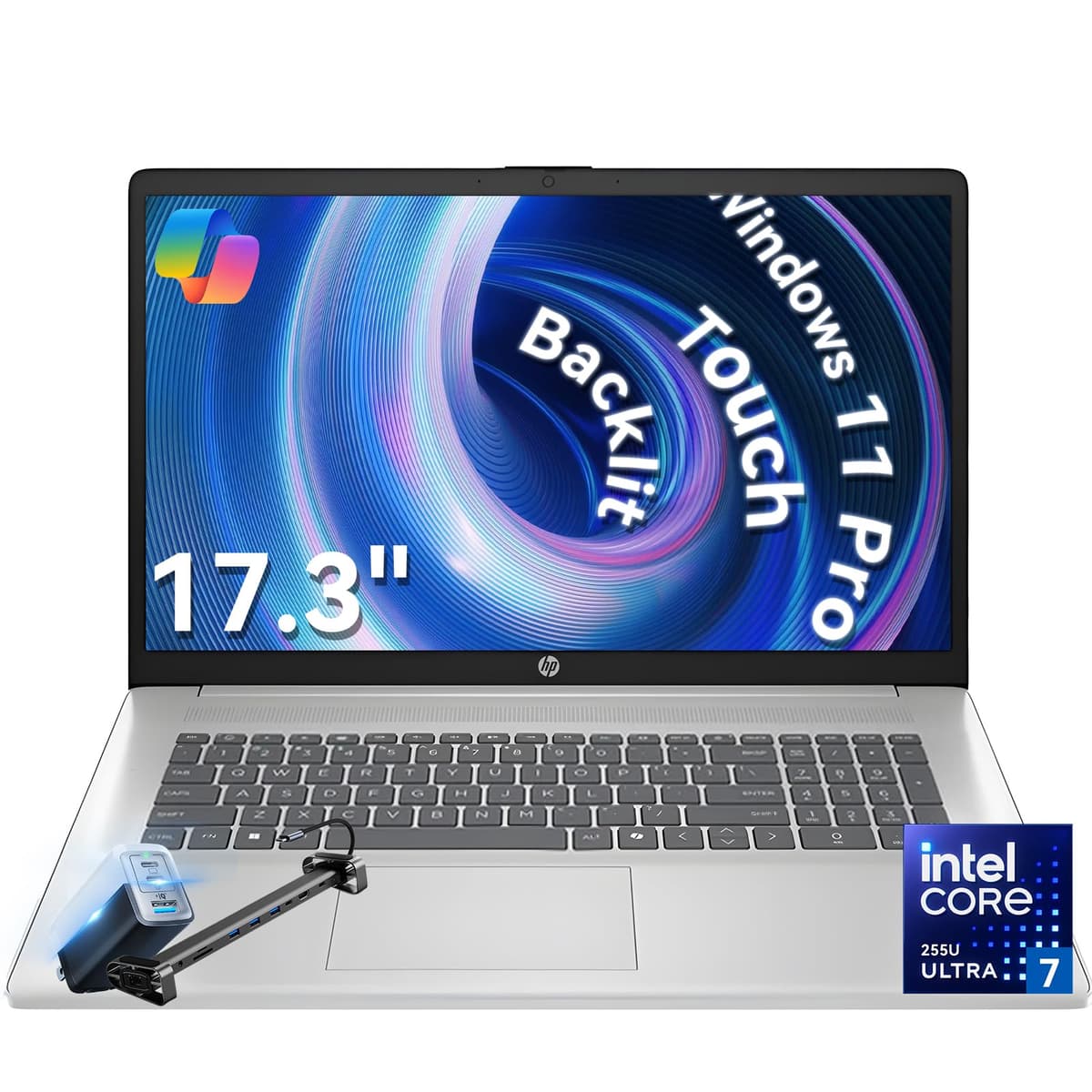 Laptop HP táctil de 17 pulgadas, potente Intel Ultra 7 255U, Intel AI Boost (12 TOPS NPU), 64 GB DDR5 RAM, 2 TB SSD, Copilot, teclado retroiluminado, Windows 11 Pro, kit de accesorios SXK HP 17