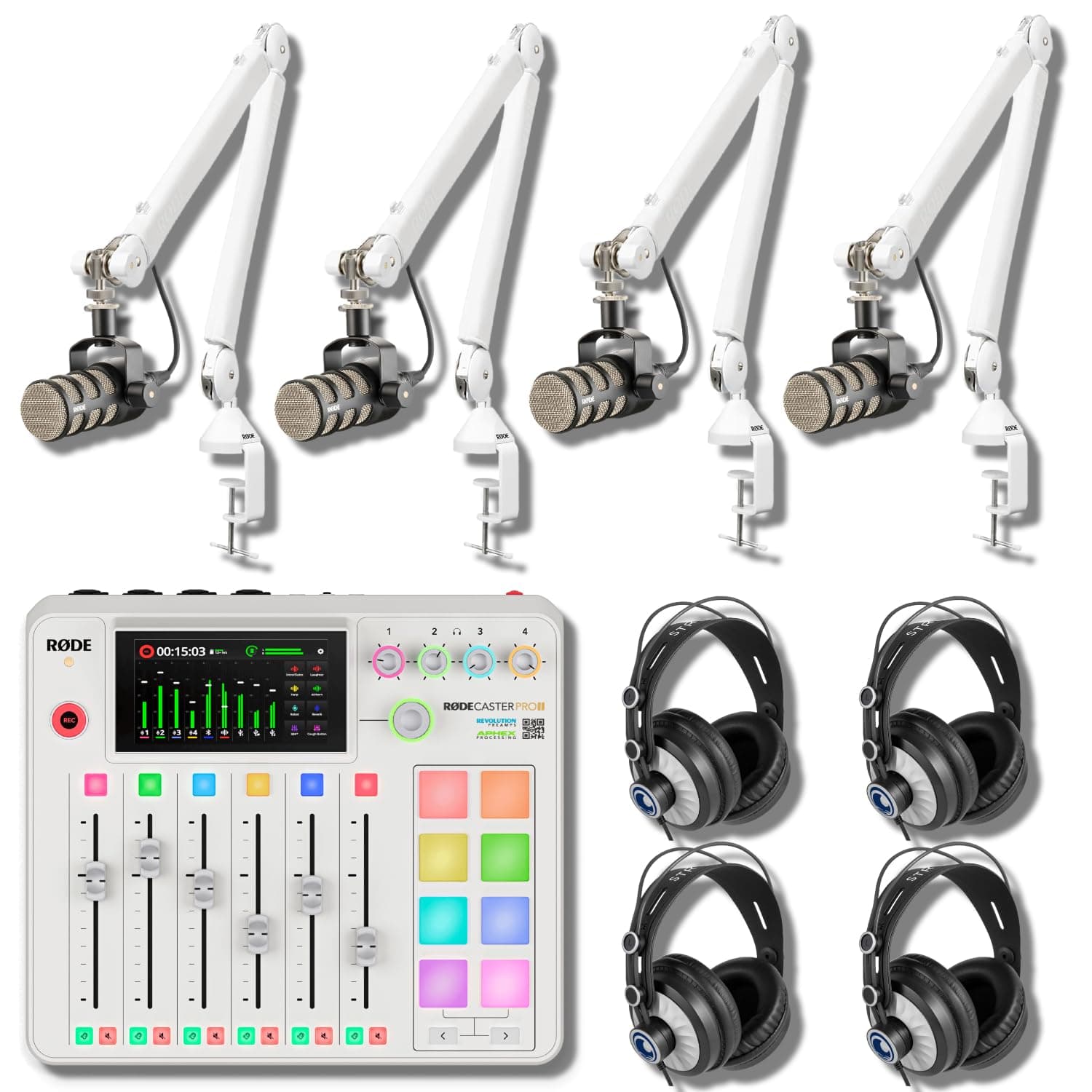 StreamEye Rode RODECaster Pro II Blanco Audio Console con 4 PodMics, PSA1+, Auriculares y Accesorios RCP2 White Out Bundle