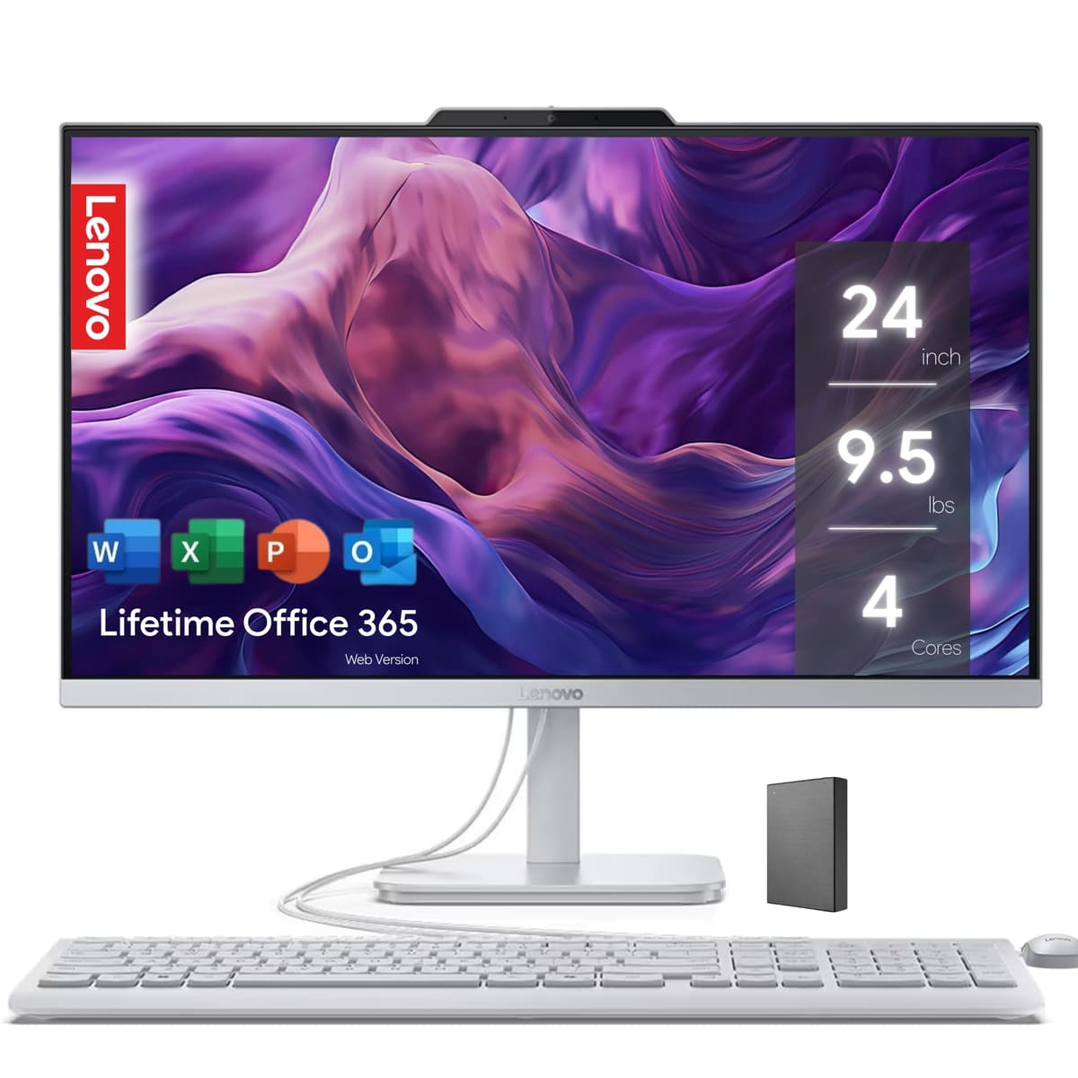 Lenovo IdeaCentre Tareas Diarias Todo en Uno 24" Full HD • Office 365 Web de por Vida • Intel 4 Núcleos • 512 GB Externo y 256 GB SSD • 8 GB RAM • Teclado y Mouse • Windows 11 A27002T