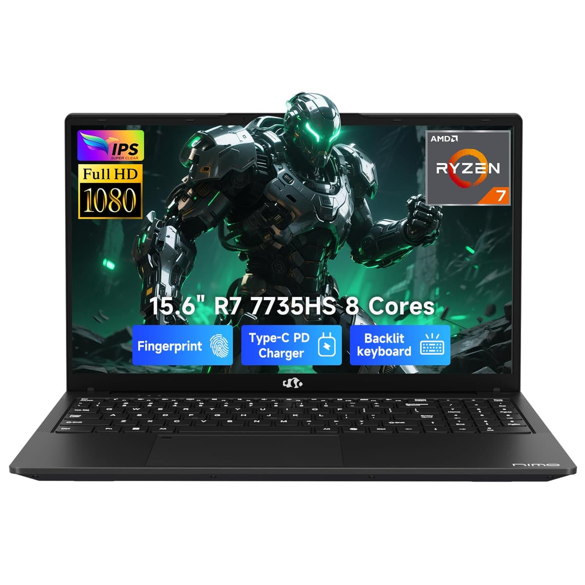 NIMO 2025 Laptop para Gaming Ligero, 15.6" AMD 8 núcleos Ryzen 7 7735HS (hasta 4.75 GHz, superior al i7-12650H) 32GB DDR5 RAM 1TB SSD IPS FHD con Radeon 680M 100W Type-C Teclado Retroiluminado Sensor de Huellas ARN21S