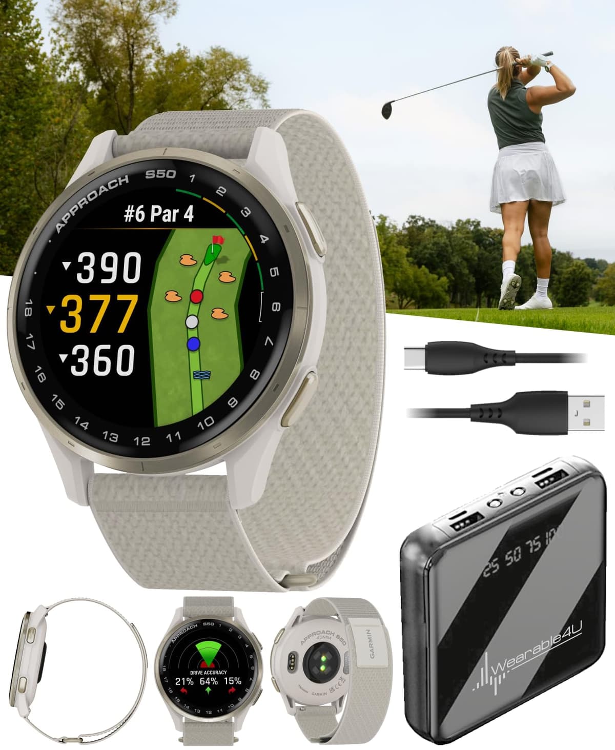 Garmin Approach S50 GPS para golf Smartwatch bisel de aluminio crema dorado con correa de nailon Ivory ComfortFit y paquete Wearable4U Power Bank