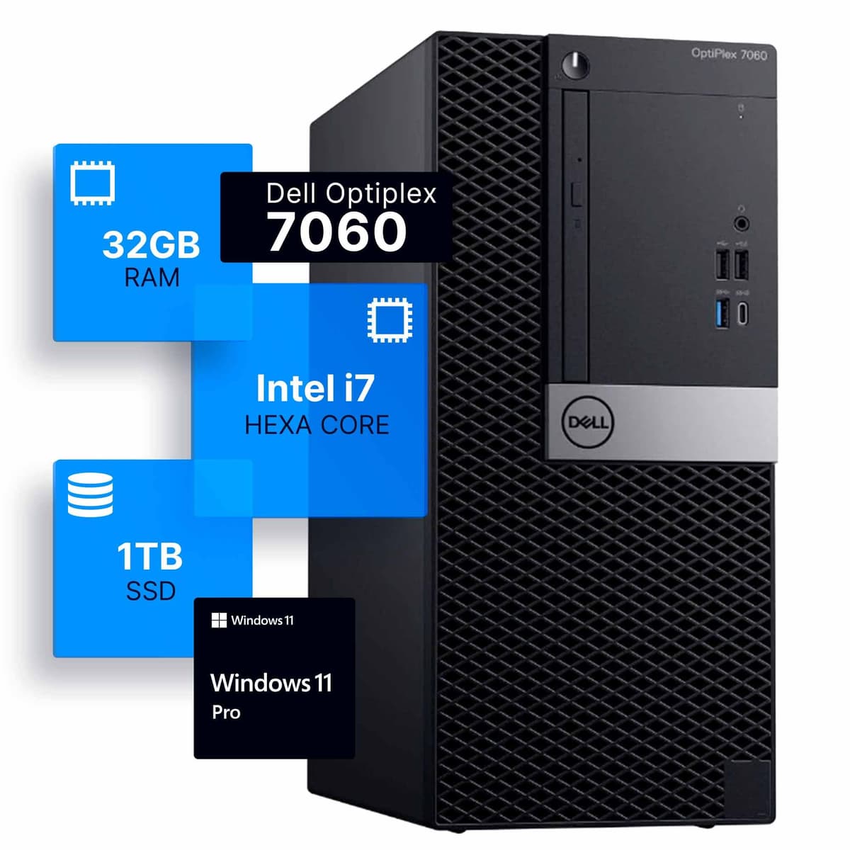 Dell Optiplex 7060 Torre Computadora de Escritorio | Intel i7-8700 (3.4 GHz) | 32 GB RAM DDR4 | 1 TB SSD Estado Sólido | Windows 11 Pro | PC para Casa u Oficina (Reacondicionada)