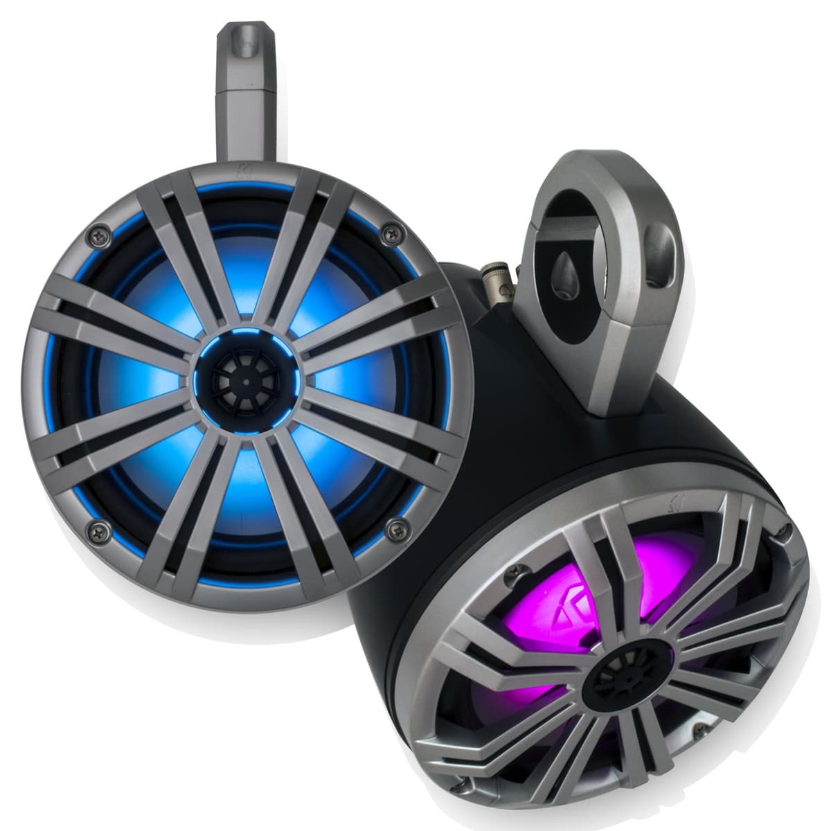 KICKER Sistema de torre wake marino con parlantes LED de 8", carcasas negras y rejillas plateadas, incluye control remoto para LEDs 43KMTES8B+43KM84LCWS