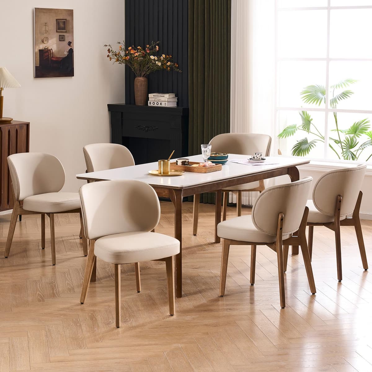 Juego de 6 sillas de comedor tapizadas YOUNUOKE, respaldo ancho y patas de madera, khaki
