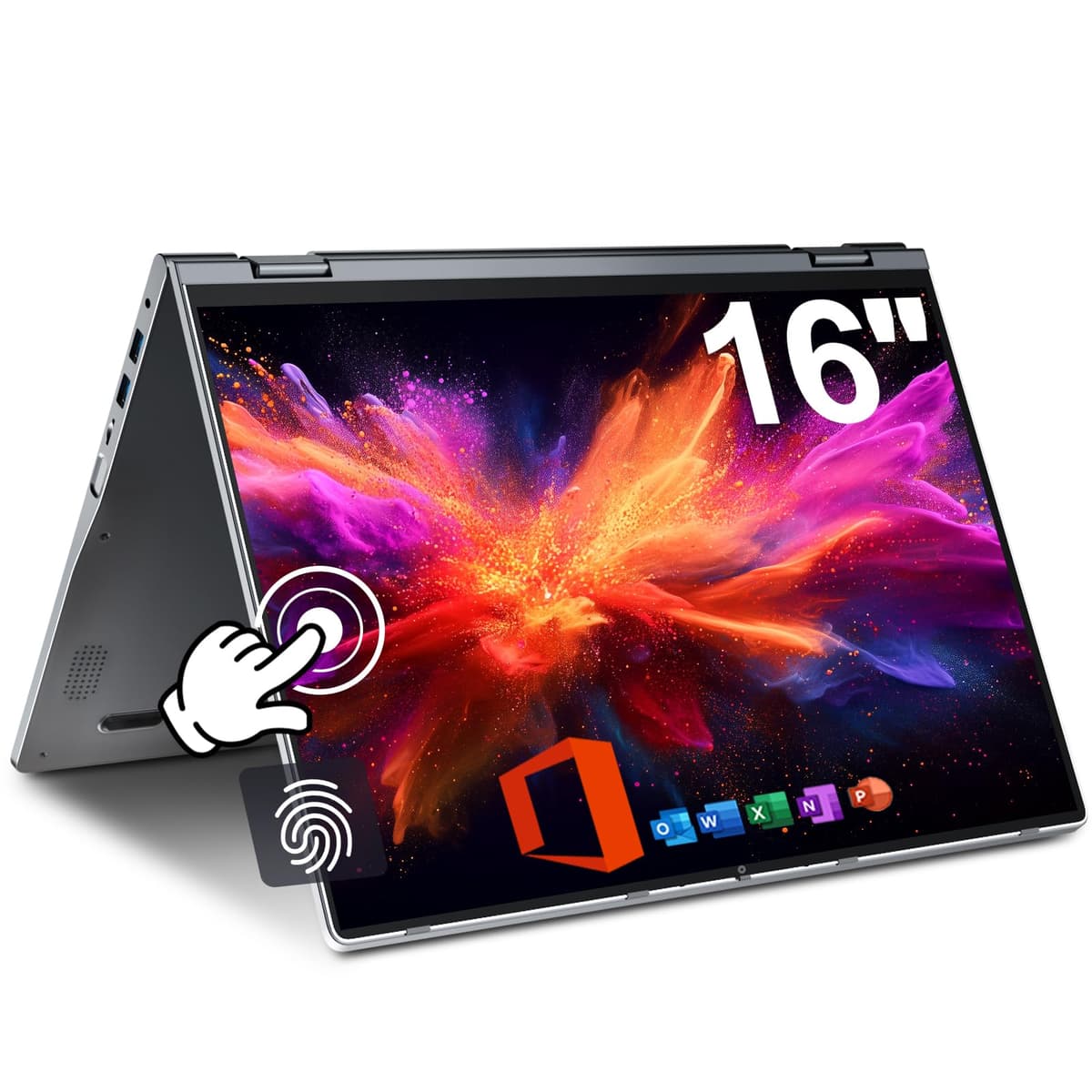 BTDD convertible de 16 pulgadas, computadora portátil con pantalla táctil IPS FHD 360 grados, 16GB DDR5 RAM, 640GB de almacenamiento, lector de huellas, teclado retroiluminado, Celeron N95, 53.2WH, BT 5.2, WiFi 6 J1