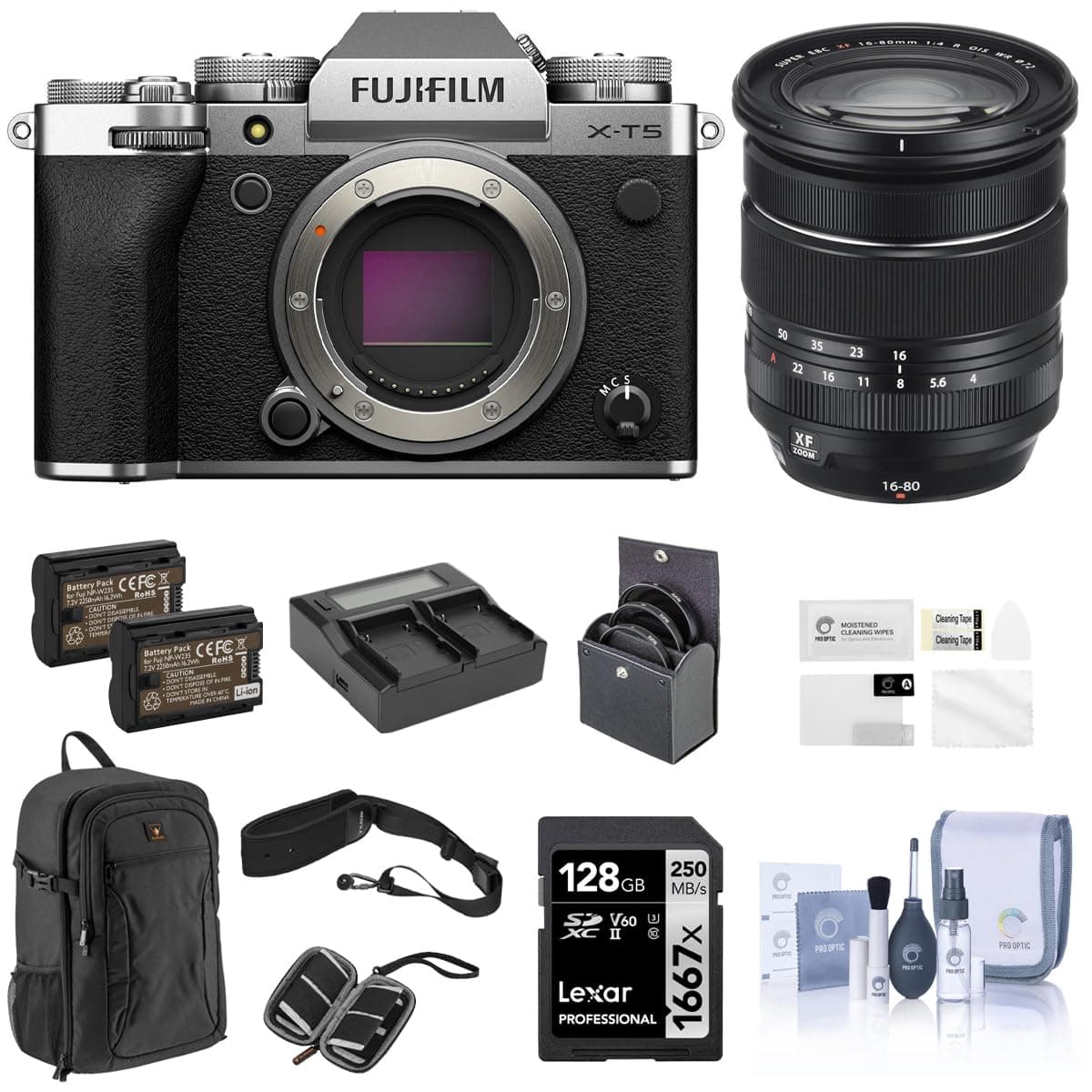 Fujifilm X-T5 Mirrorless Plata con XF 16-80mm f/4 y Kit de Accesorios - 40.2MP, IBIS, 6.2K 16953900 CK