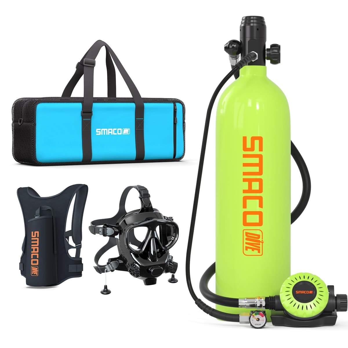 SMACO Mini Tanque de buceo 1.9L S700 con chaleco manos libres y estuche portátil, Verde smacosports-s700-lh-sm-0002-gn