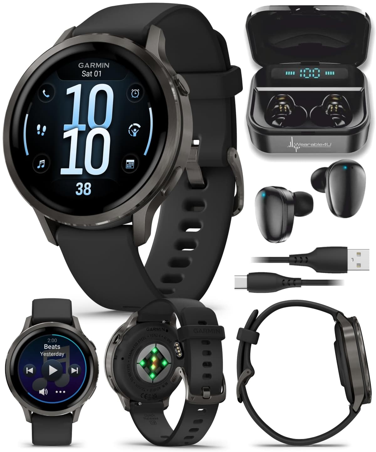 Garmin Venu 4 41 mm Slate con correa negra y auriculares Wearable4U negros TWS X7