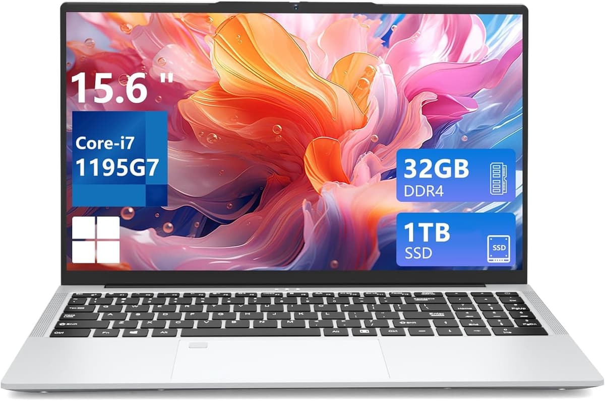 DUNHOO Laptop para gaming 2025 i7 1195G7 (Mejor que Core i7-1165G7/i7-1185G7), Laptop 15.6", 32GB 1TB SSD, Pantalla FHD 1920 x 1080, Desbloqueo por huella, Teclado retroiluminado, RJ45 HDMI, Apertura 180°