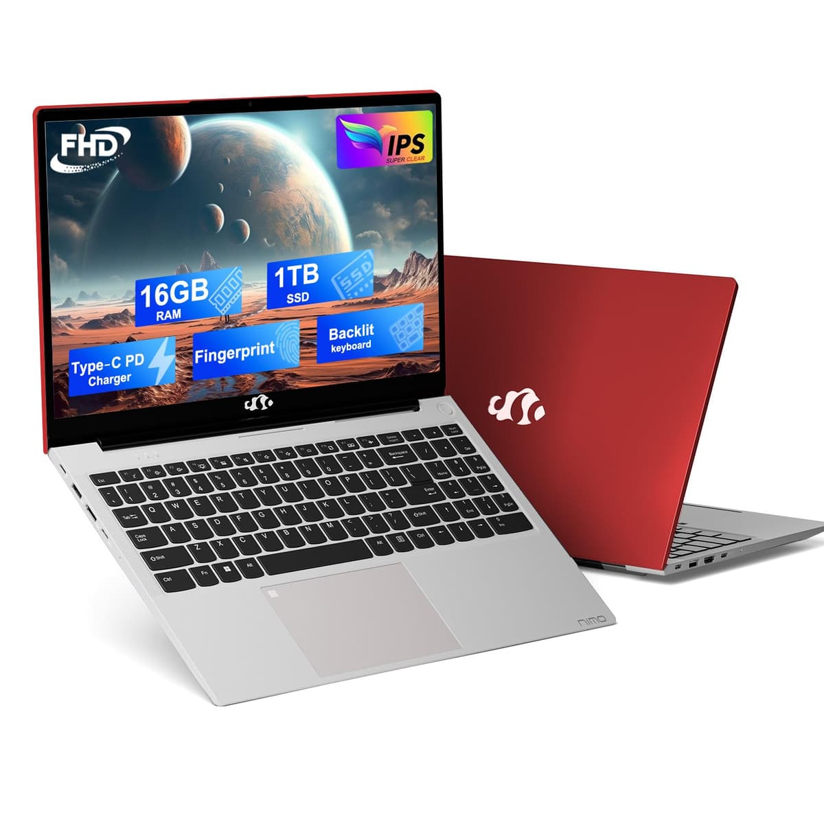 NIMO 15.6" IPS FHD - Laptop 16GB RAM 1TB SSD Intel Pentium Quad Core N100 con teclado retroiluminado y lector de huellas (rinde como i3-1115G4 hasta 3.4GHz) para estudiantes, Windows 11, rojo Nimo N151