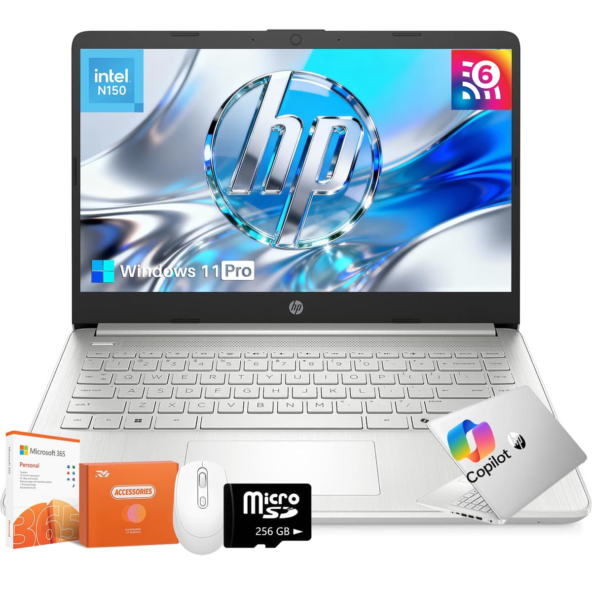 HP 2025 Nueva Laptop Empresarial Estudiantil 14 pulgadas, Intel N150 (mejor que N4120), 16GB RAM, 384GB Almacenamiento (128GB eMMC + 256GB SSD), Windows 11 Pro, Copilot AI, Wi-Fi 6,1 año Microsoft 365, Laptop Liviana