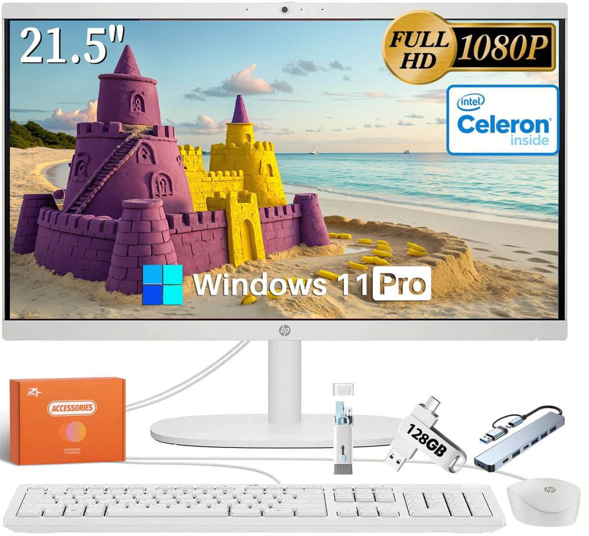 HP All in One 21.5" FHD PC (22-DG0024) Intel Celeron J4025, 32GB RAM, 2TB SSD, Windows 11 Pro, Cámara 720p, Blanco HP All-in-One Desktop PC