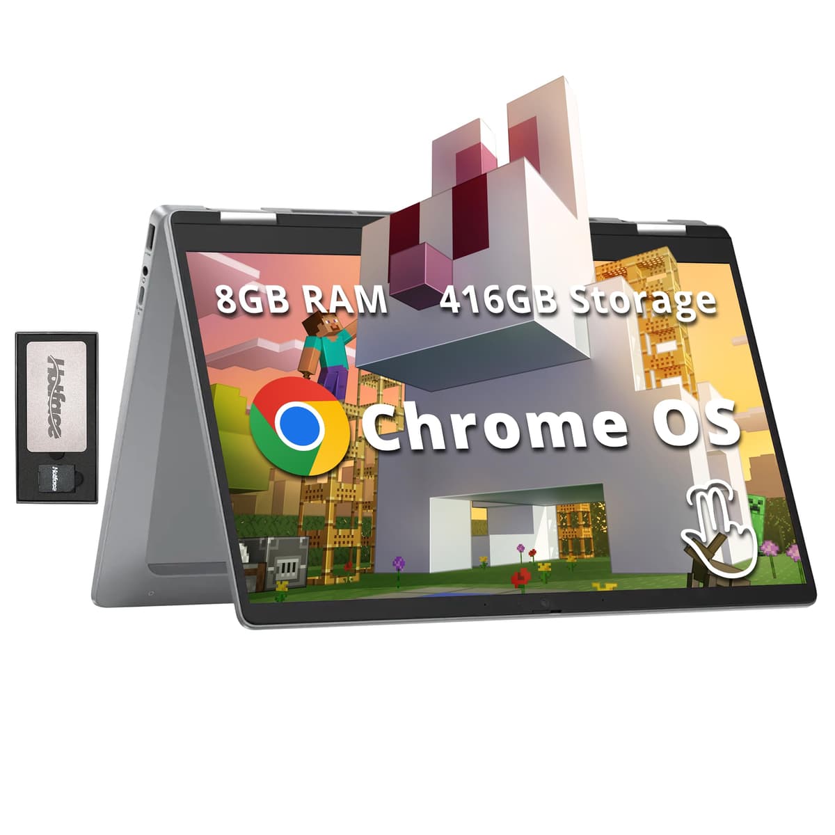 HP Chromebook Plus x360 14" Pantalla táctil FHD, Intel i3-N305, 8GB LPDDR5, 416GB Almacenamiento (256GB SSD + 160GB Estación de acoplamiento), Gráficos UHD, Cámara FHD, Carga rápida, Wi-Fi 6E, Chrome OS, Plateado