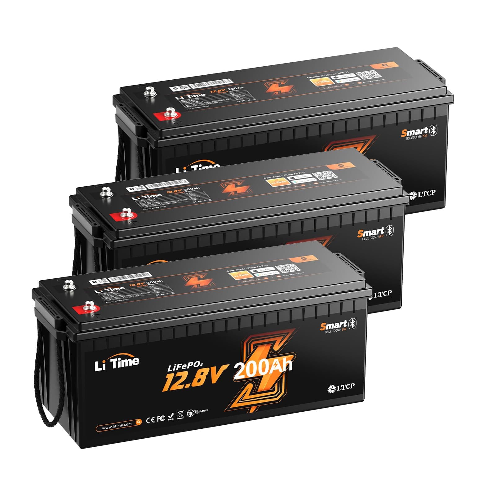 Litime 3Pack Batería LiFePO4 12V 200Ah con Bluetooth, protección baja temperatura, 2560Wh, 1280W carga máxima, hasta 15000 ciclos L12V200-100-LTCP-BT-8-A160