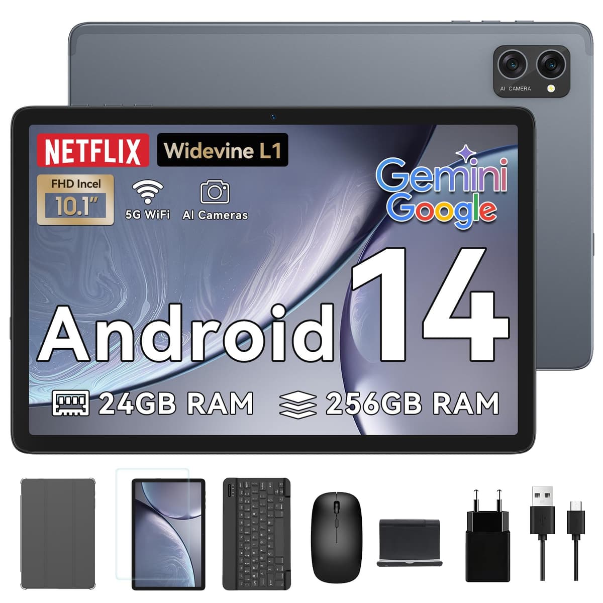 BESTTAB Tablet Android 15, tablet de 10 pulgadas con teclado, mouse y lápiz, 24 GB+256 GB, beige BESTTAB Tablet T20 2025