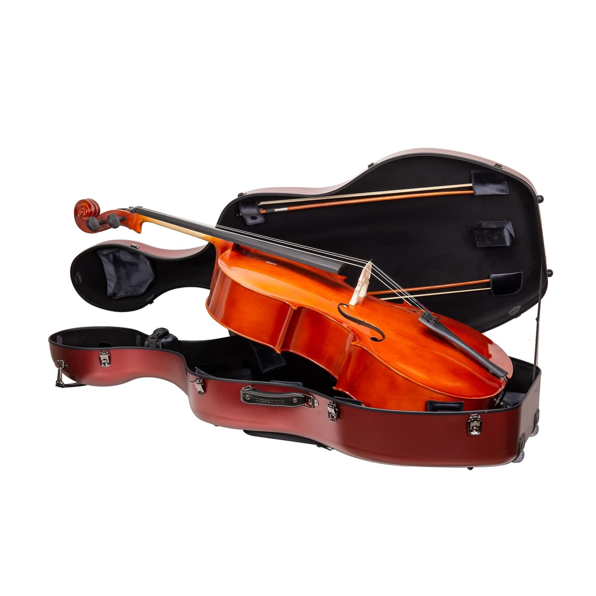 Funda Crossrock Poly Carbon para cello 4/4 - Rojo Mate, interior terciopelo negro, ruedas y bolsillo para partituras CRF4050CEFRD