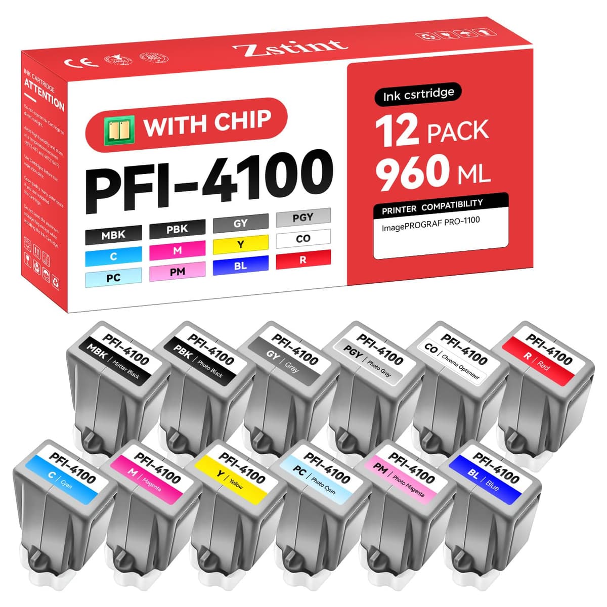 Zstint juego de tanques de tinta PFI-4100 pigmento 12-pack 80ml PFI-4100 Ink-12 Pack