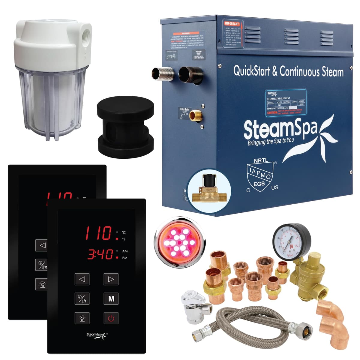 SteamSpa Executive Generador de Vapor 4.5 KW QuickStart con Auto Drain y Kit de Instalación en Negro Mate EXT450MB-A
