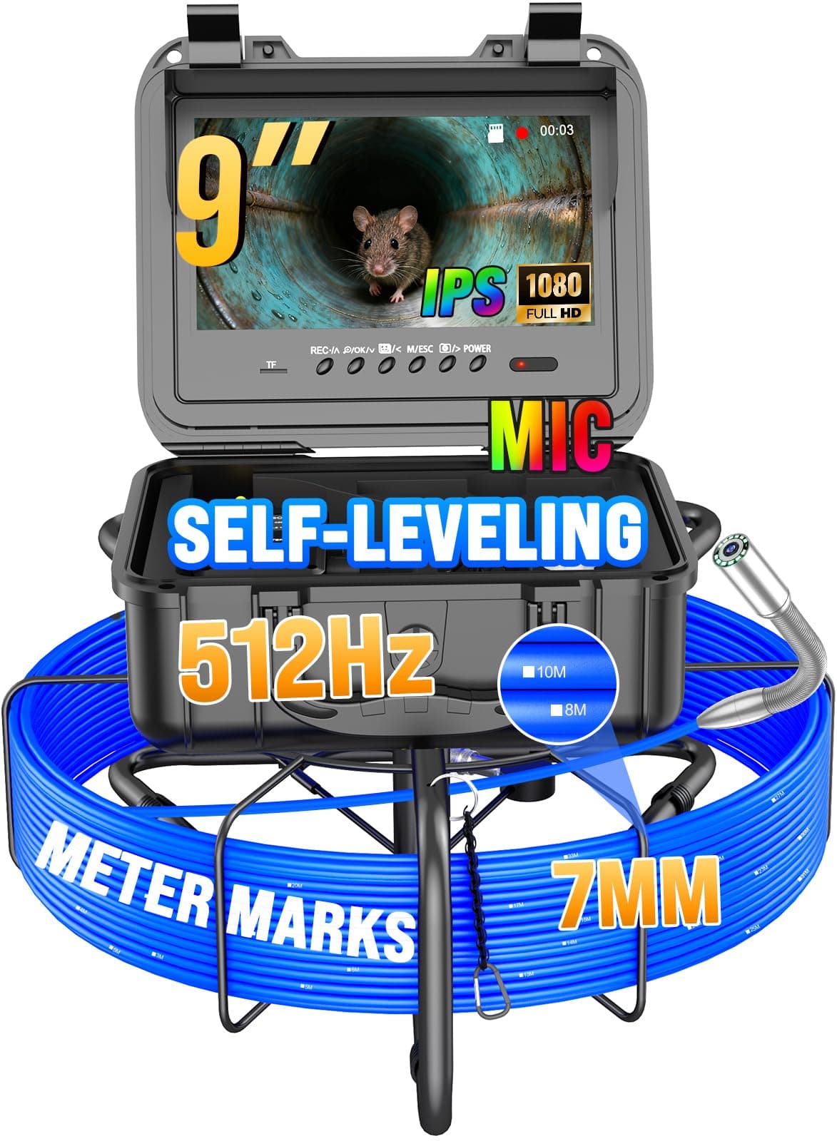 Anysun Sewer Camera with 512Hz Sonde, Self-Leveling 9" HD Screen DVR Recorder, 32GB Card, IP68 Waterproof Plumbing Pipe Borescope Inspection, 7mm Cable with Meter Marks(300FT) - Cámara de inspección para tuberías con sondeo 512Hz y pantalla 9" 9DX-ZPH