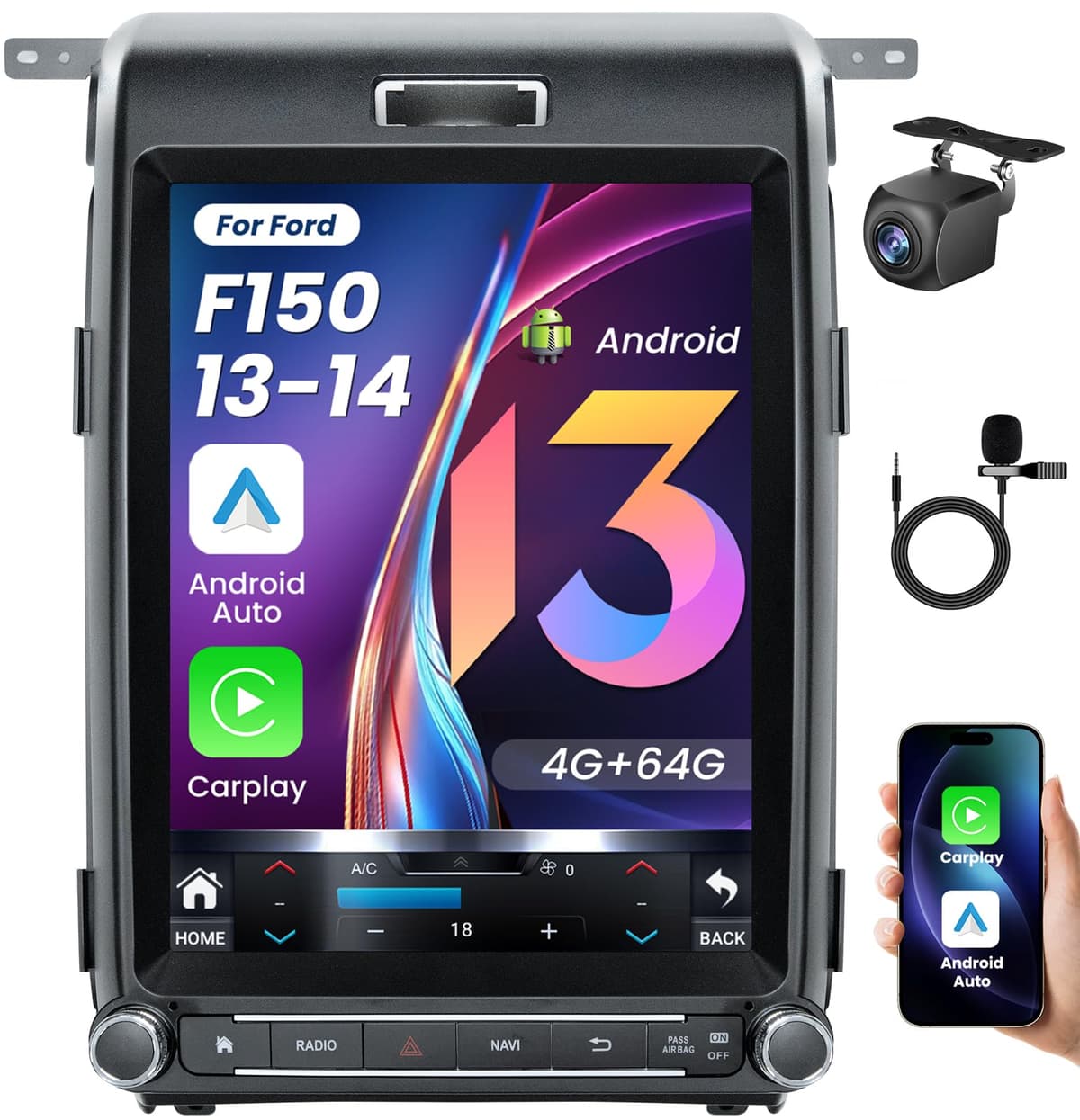 Fortdows [8 Núcleos 4GB+64GB] Estéreo para Ford F150 2013 2014: Android 13 pantalla táctil 12.1 pulgadas con CarPlay Android Auto WiFi 5G GPS Bluetooth FM AM DSP SWC cámara de retroceso 1080P (Soporta Actualización OTA)