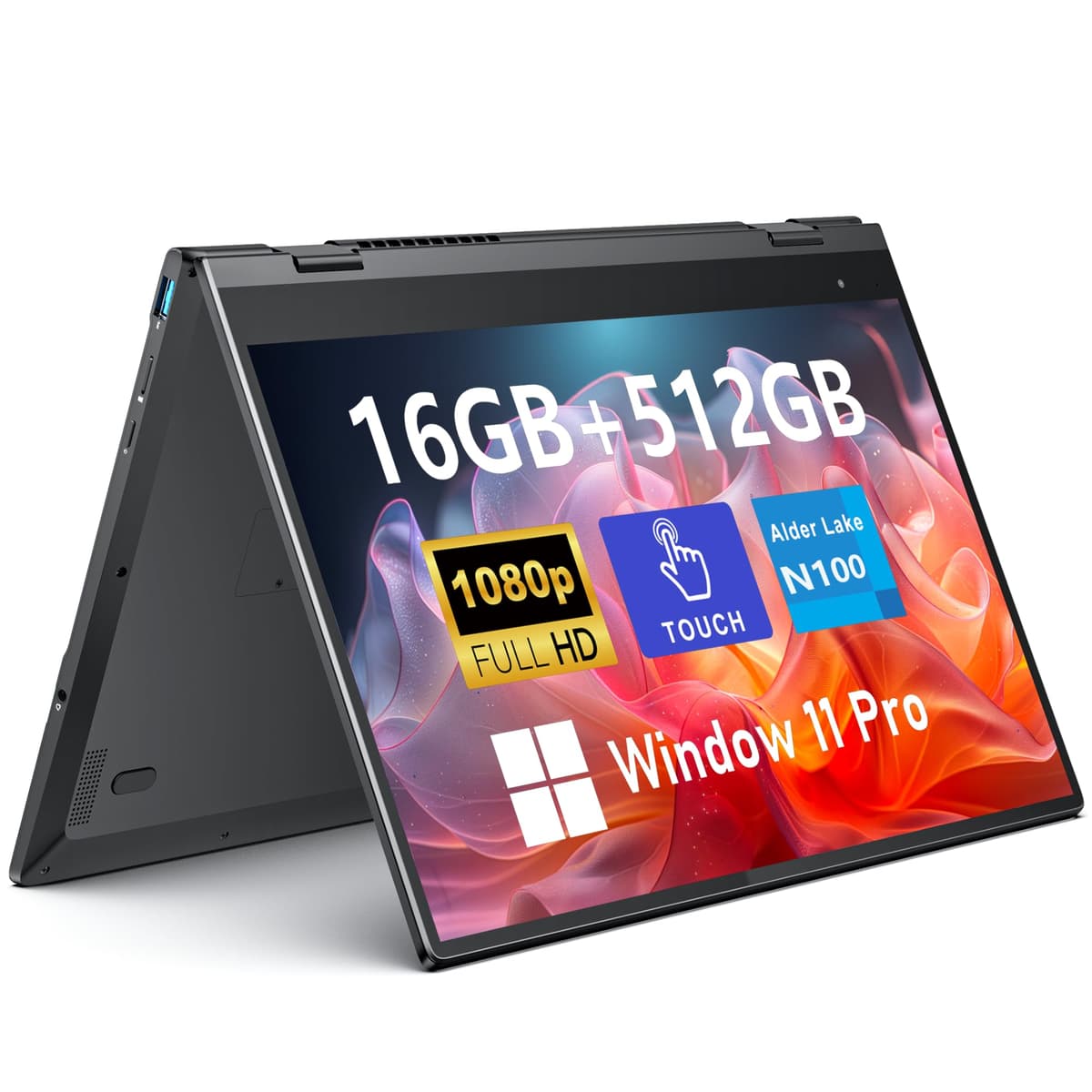 FUNYET Laptop táctil 2 en 1 de 14 pulgadas, Windows 11 Pro, Intel N100, 16 GB RAM, 512 GB SSD, 1920 x 1080, desbloqueo por huella, teclado retroiluminado, Wi-Fi 6, BT 5.2,2 años de garantía YO-01