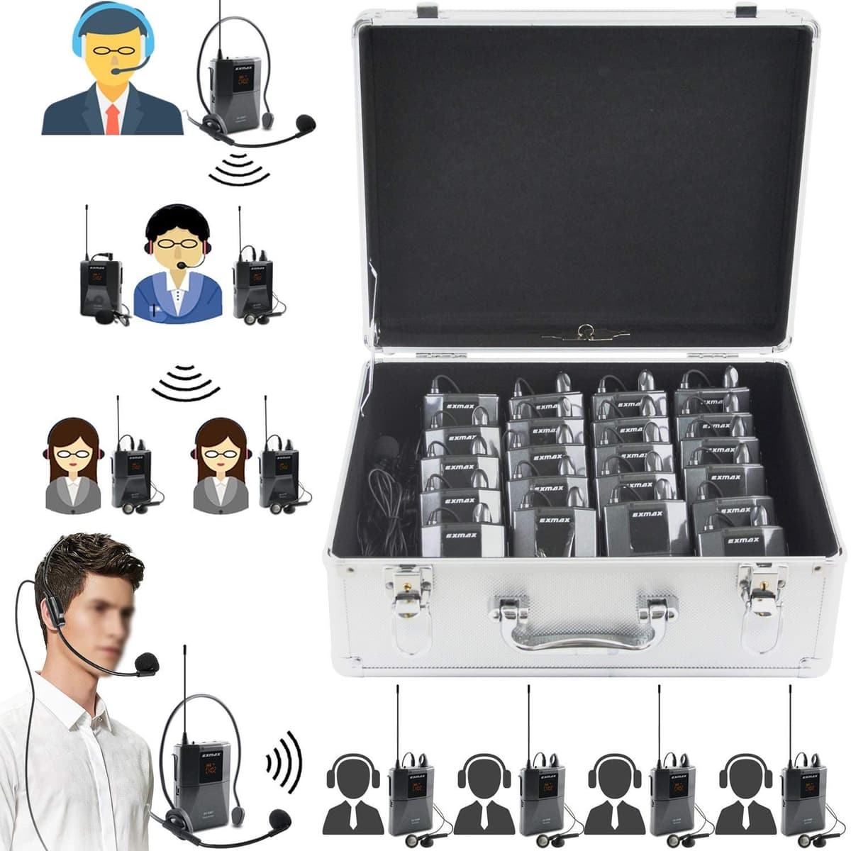 EXMAX EX-938 - Sistema de audioguía con micrófono de diadema inalámbrico, para traducción en iglesias, enseñanza, viajes e interpretación simultánea (1 transmisor, 20 receptores con estuche de aluminio plateado) B01M324FXZ-2
