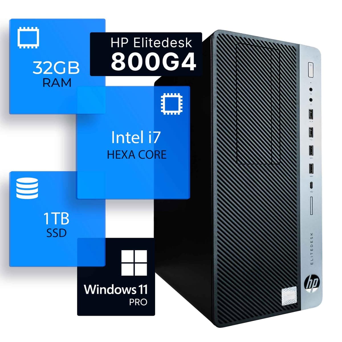 HP EliteDesk 800G4 Torre Desktop | Intel i7 Hexa Core (3.4) | 32GB RAM DDR4 | 1TB SSD Estado Sólido | Windows 11 Professional | PC para Hogar u Oficina (Reacondicionado), Negro