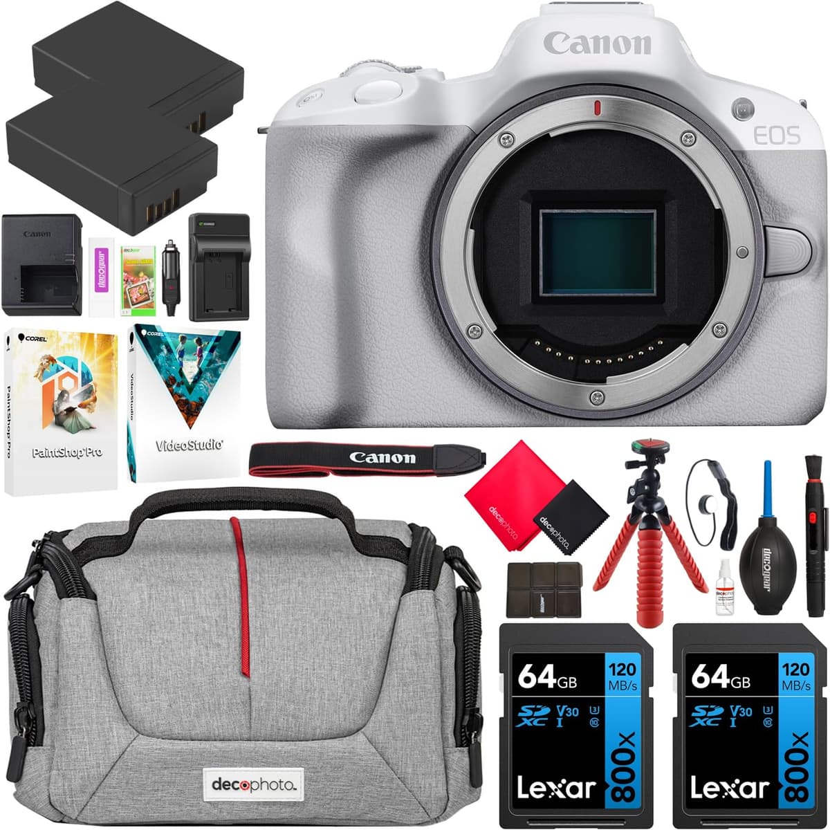 Canon EOS R50 Cuerpo (White) + Bolsa Deco Gear, 2 baterías y 2x64GB E14CNEOSR50BODYW