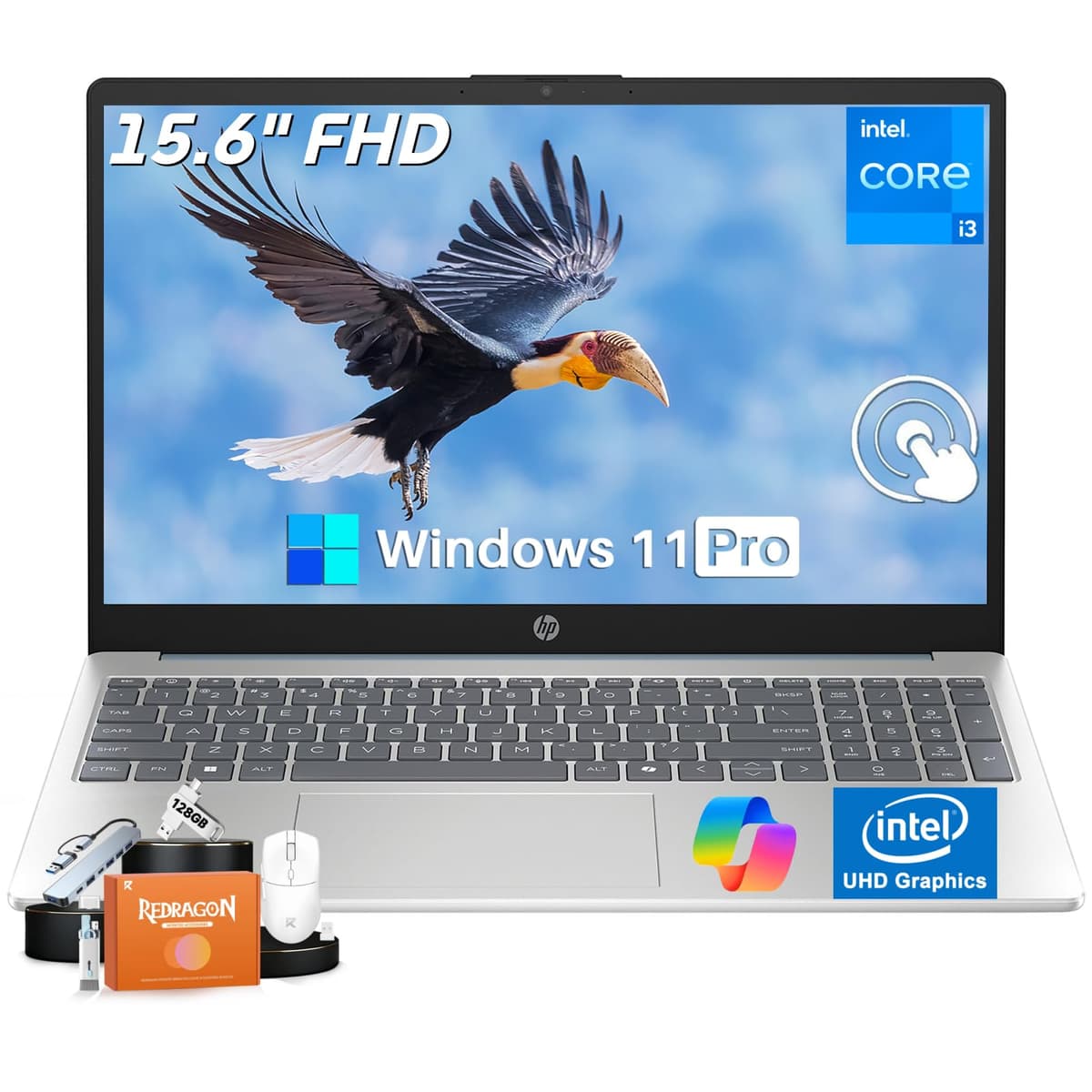 Portátil HP Flagship 15.6 táctil, Intel i3 de 8 hilos, pantalla táctil FHD antirreflejo de 15.6", 32 GB RAM, SSD 2 TB, Bluetooth 5.4, teclado numérico, carga rápida, Windows 11 Pro, con accesorios HP laptop
