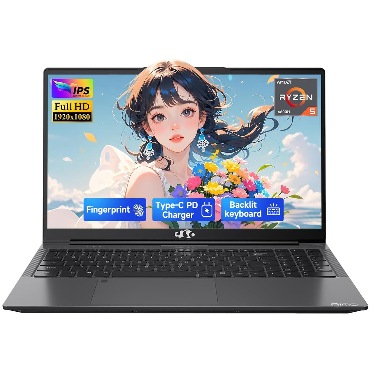 NIMO Notebook Gaming 15,6" IPS FHD, AMD Ryzen 5 6600H, 32 GB DDR5 RAM, 1 TB SSD (Mejor que i7-1165G7, 6 núcleos hasta 4,5 GHz), GPU AMD Radeon 660M 100W, Carga rápida USB-C PD, Teclado retroiluminado, Lector de huellas ARN21S