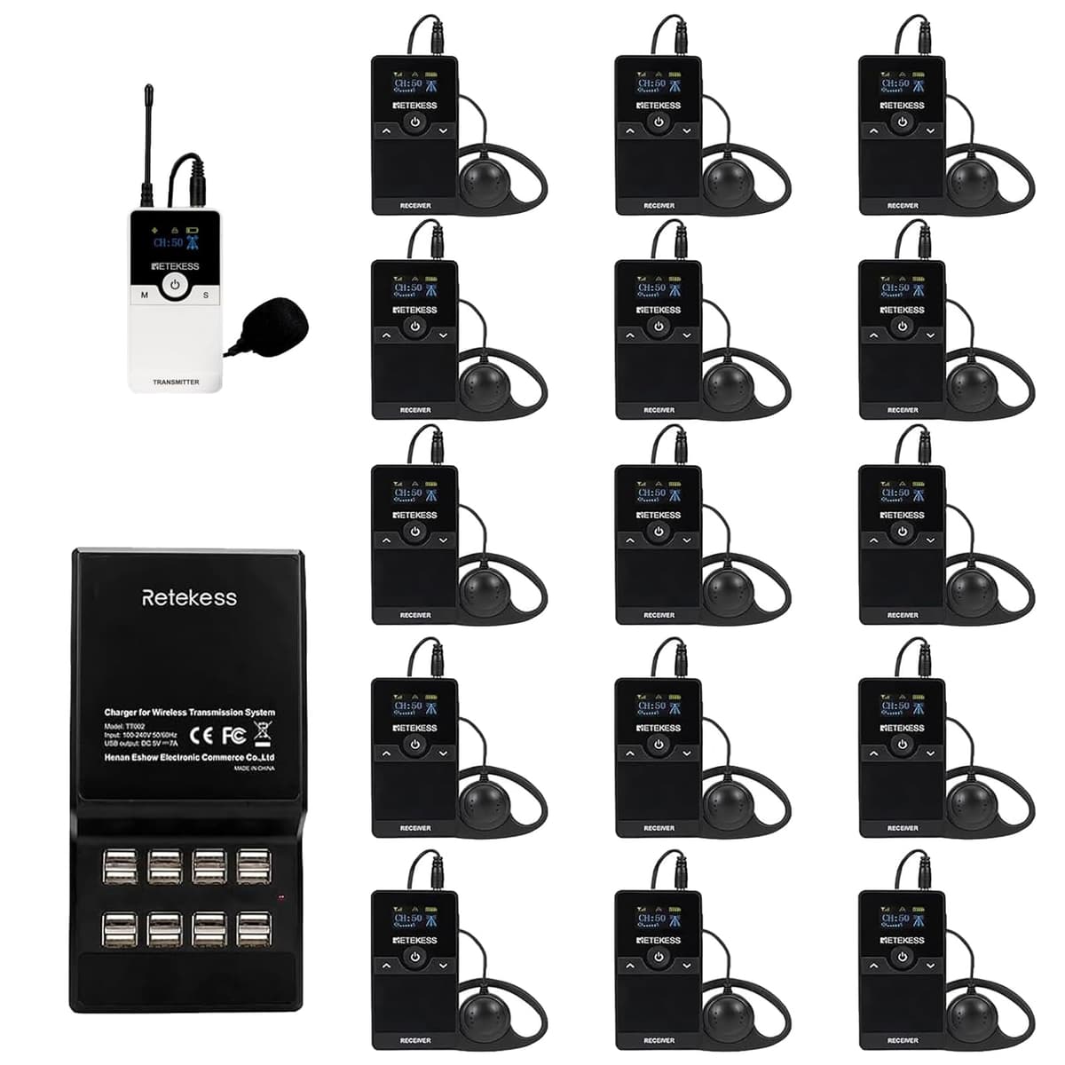 Retekess TT116 sistema de guía turística 1 transmisor + 15 receptores, alcance 200 m FF9636C-F9636DX15-F9446A