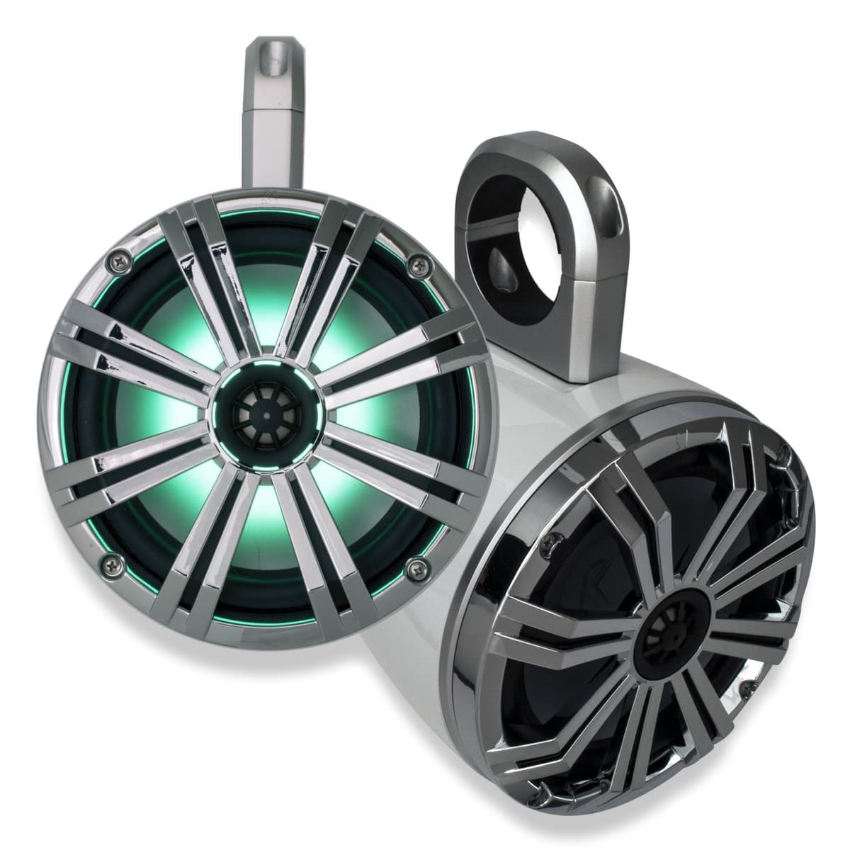 Sistema de torre Wake KICKER marino de 8" con carcasas blancas y rejillas cromadas, incluye control remoto para LEDs 43KMTES8W+43KM84LCWC